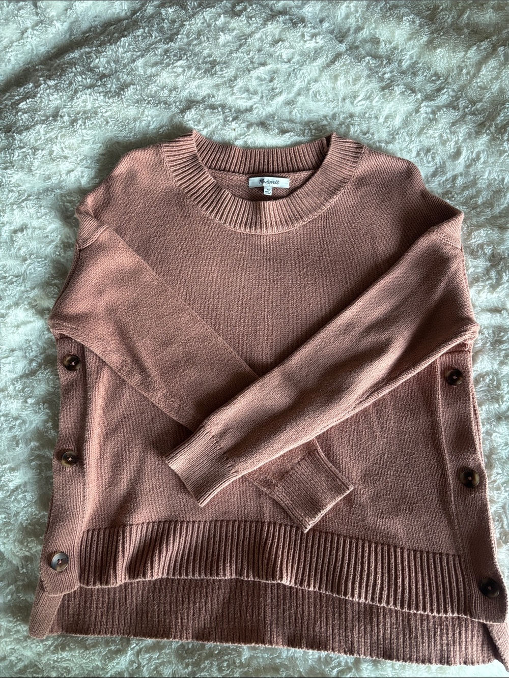 Madewell Side-Button Crewneck Sweater in Dusty Rose/Tan
